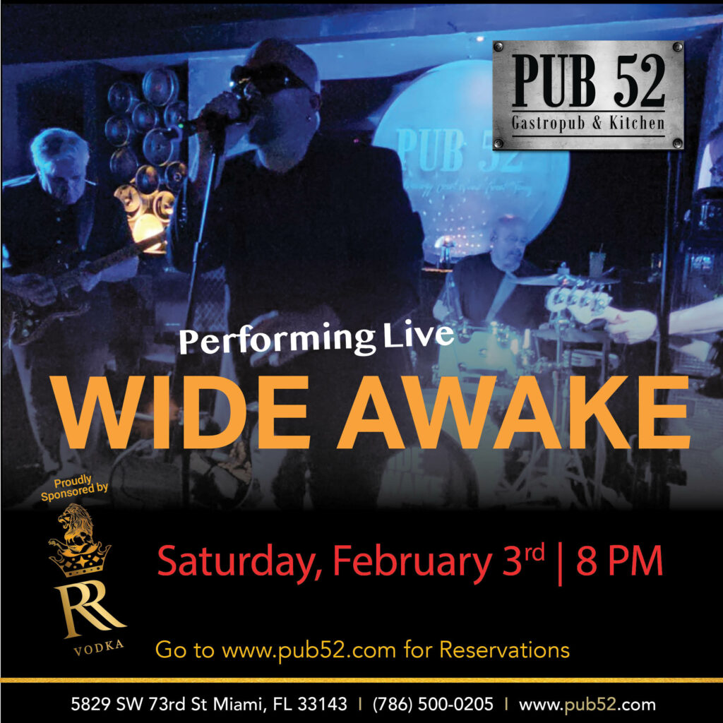 Flyer for Wide Awake band's live event at Pub 52 with a dark, moody stage setting.