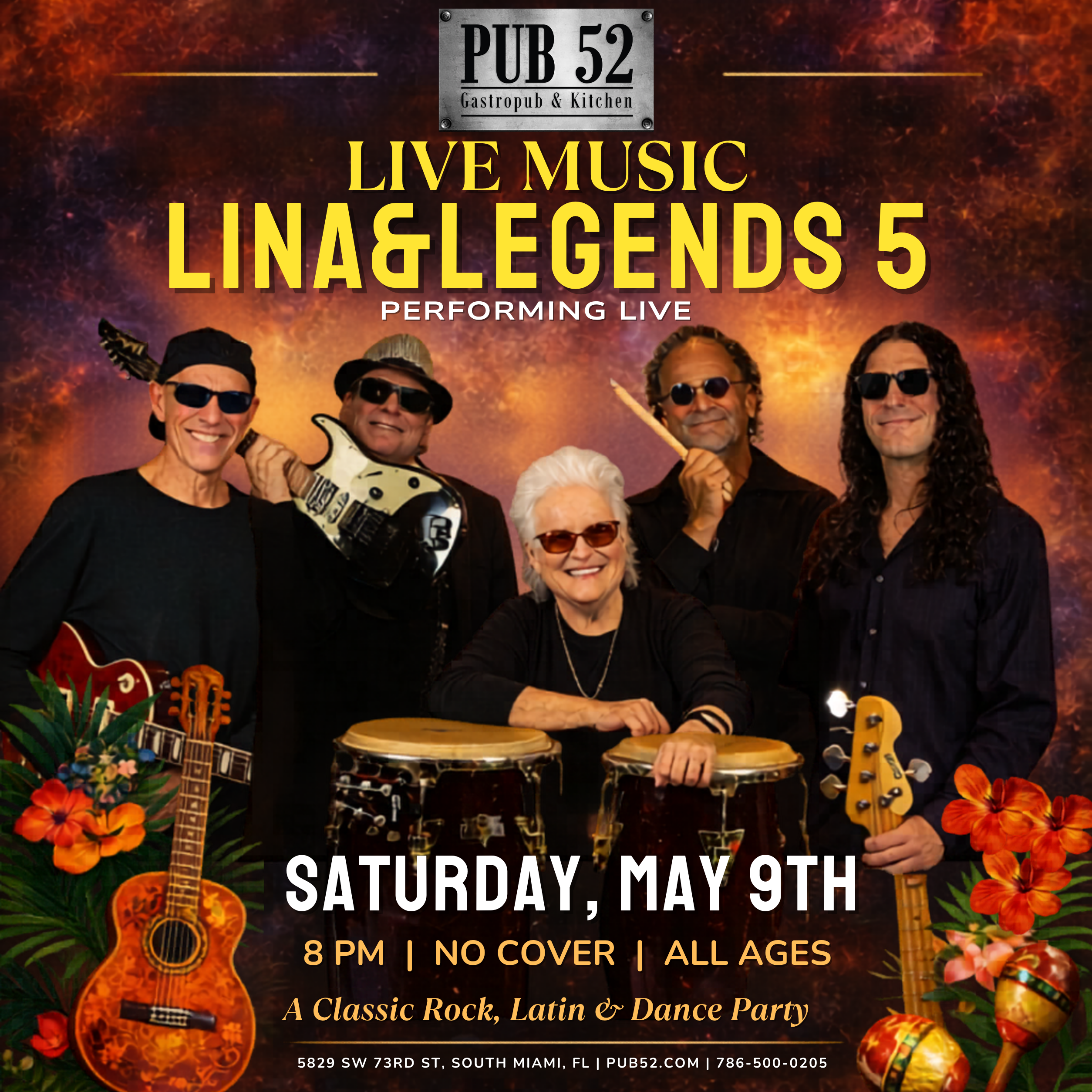 Live music flyer for Lina & Legends 5 at Pub 52 Gastropub & Kitchen, Saturday May 9th at 8 PM, no cover, all ages, South Miami FL