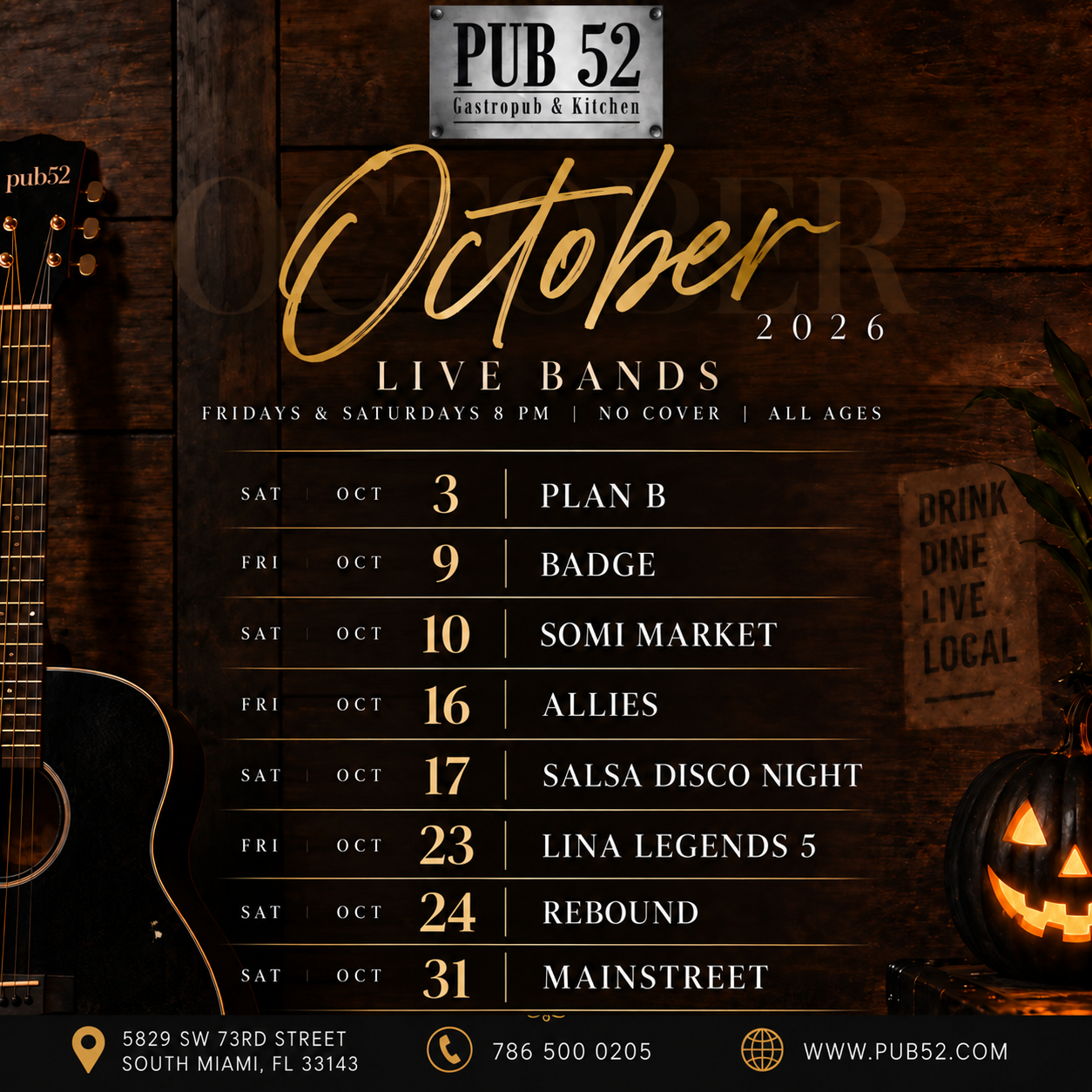 October 2026 live bands lineup at Pub 52