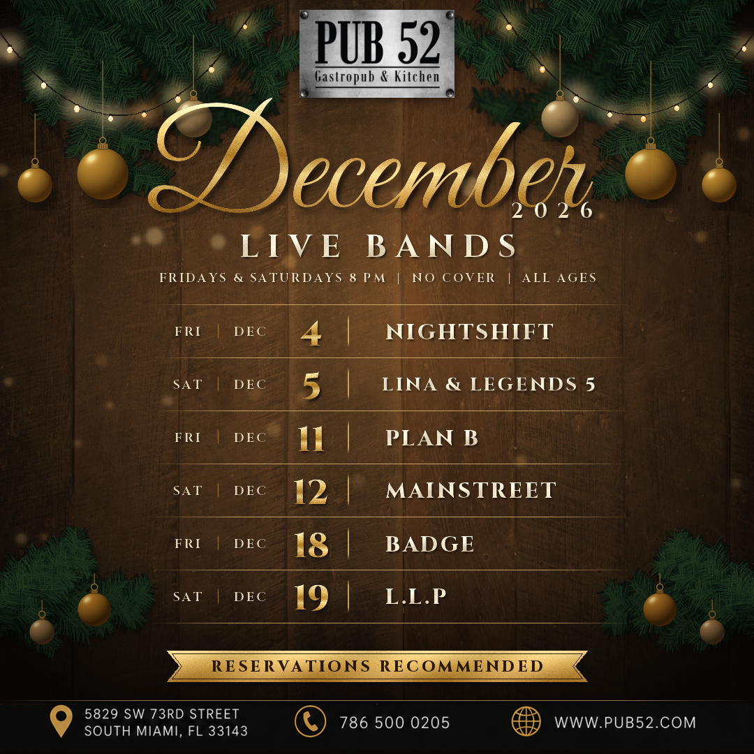 December 2026 live bands lineup at Pub 52