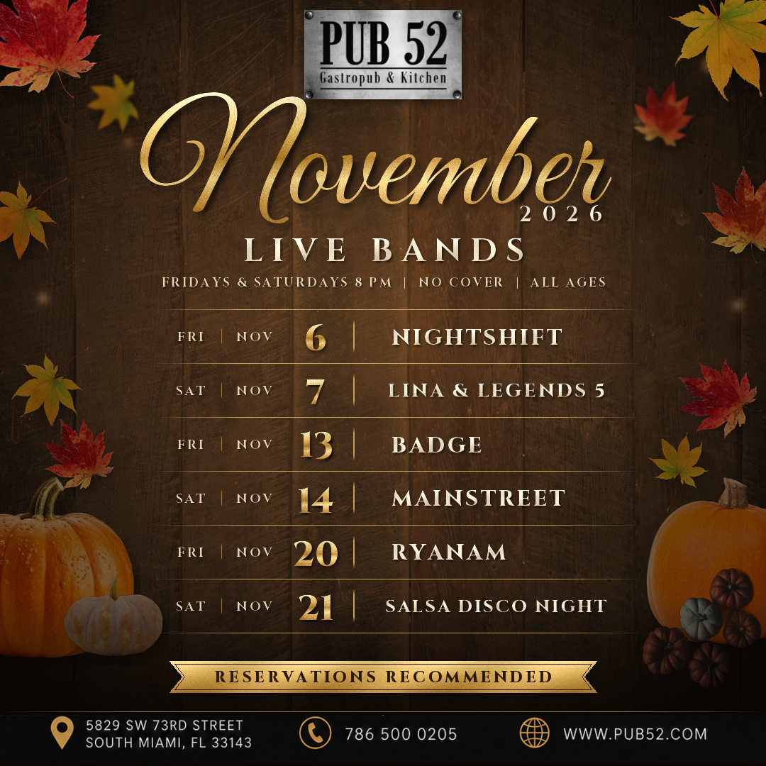 November 2026 live bands lineup at Pub 52